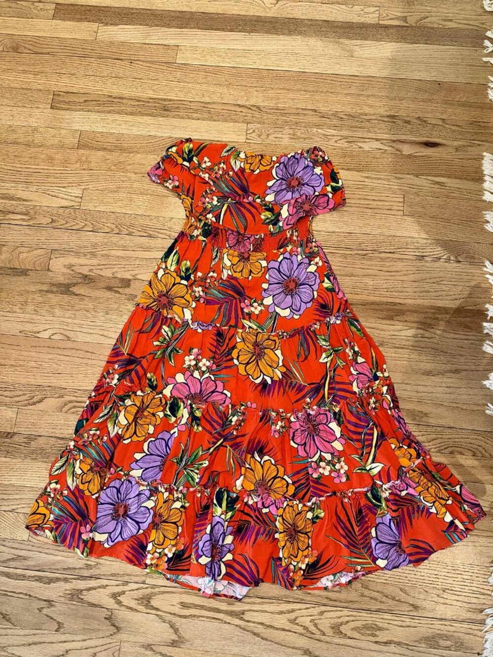 1.STATE Beach Orange Tropical Floral Off the Shoulder Tiered Maxi Dress L